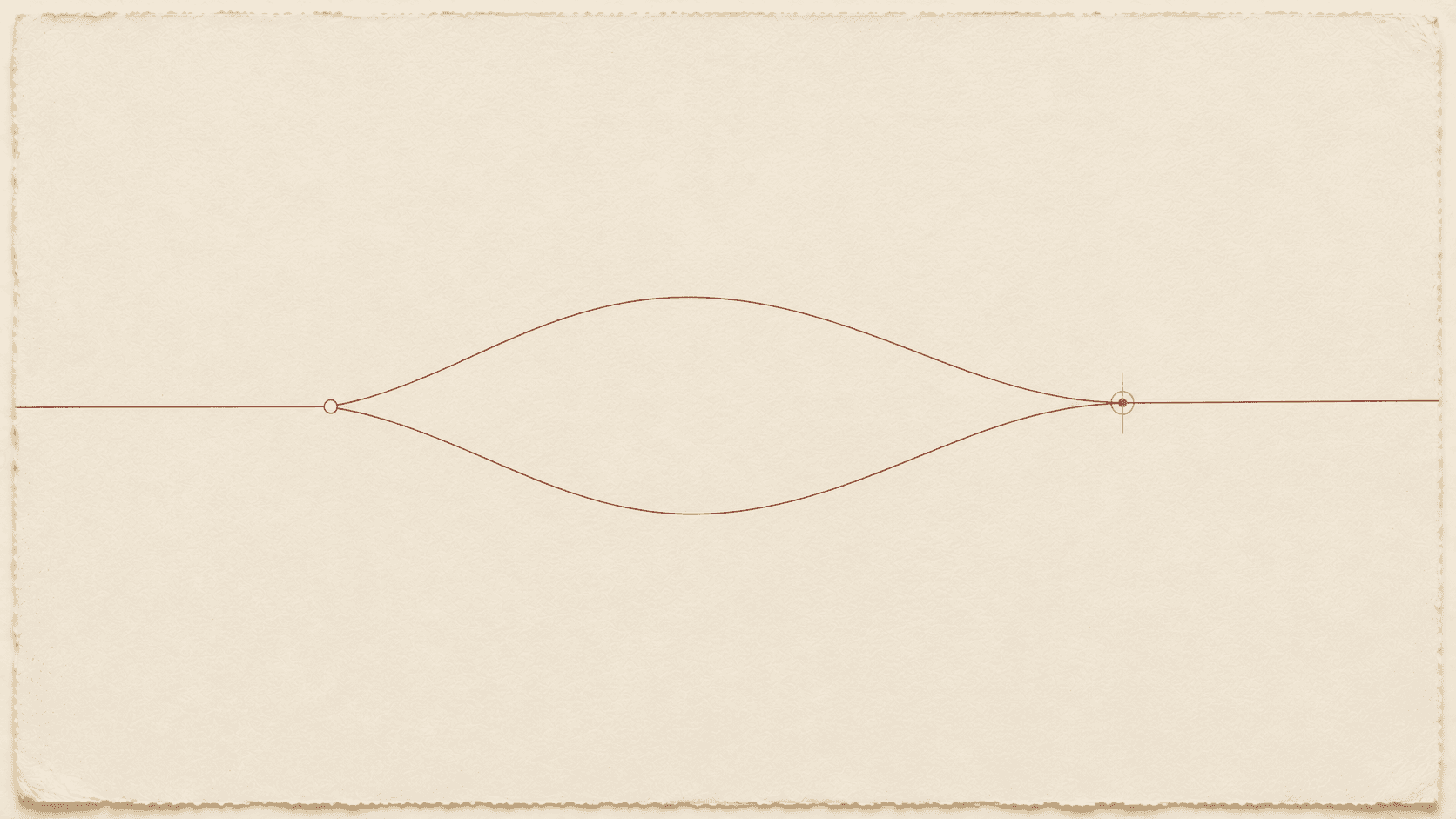 A single oxblood line that splits apart and rejoins itself, drawn on cream paper