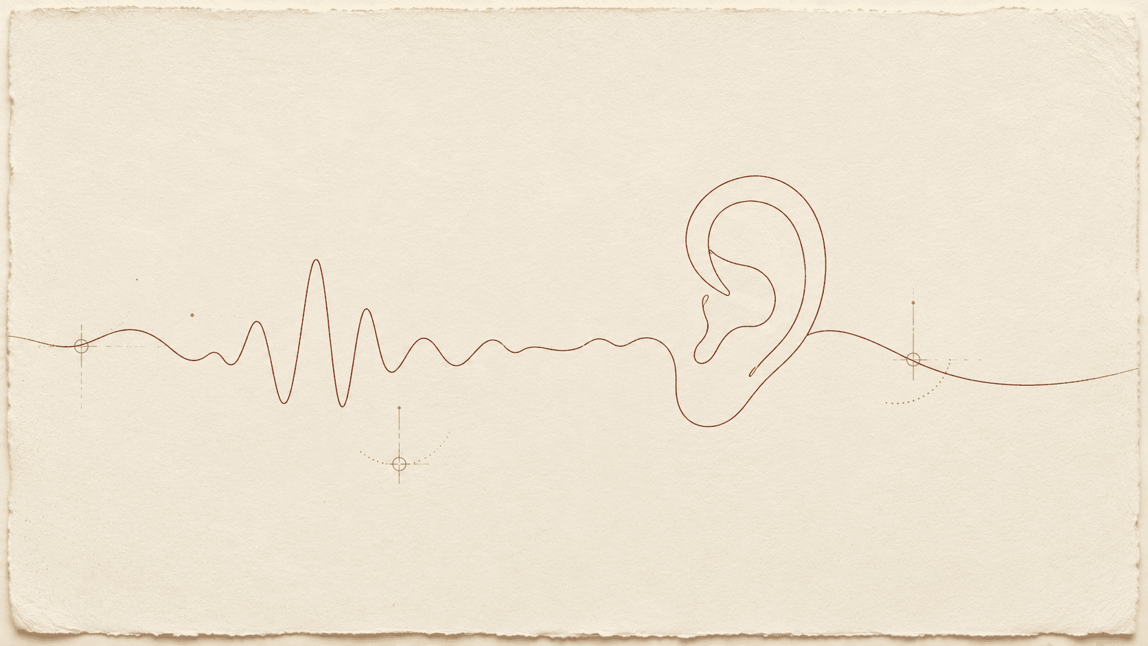 A voice waveform drawn in oxblood ink flowing into the line drawing of an ear