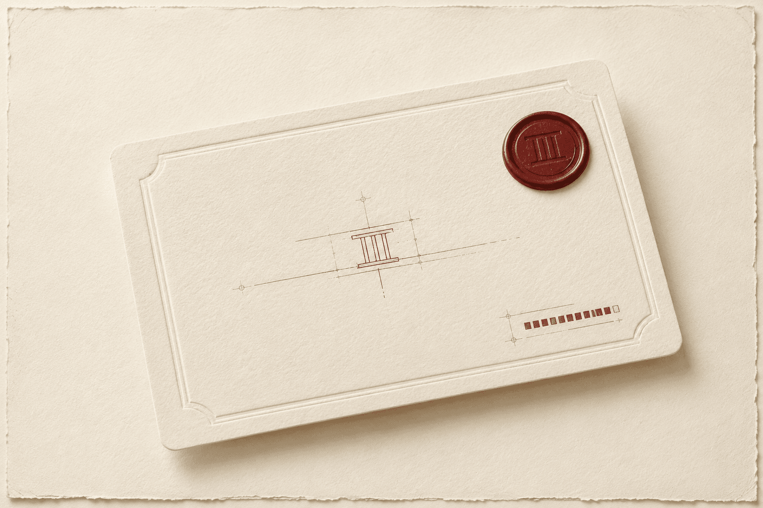 A letterpressed cream membership card embossed with a roman numeral and set with a small oxblood wax seal