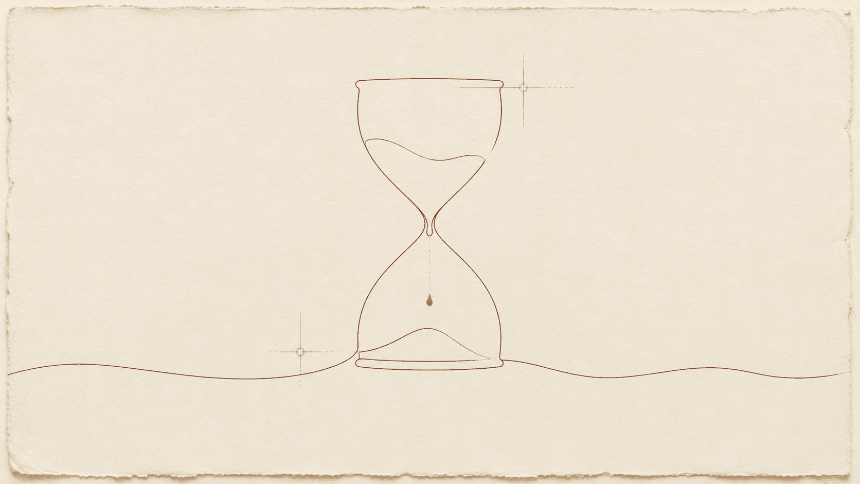 An hourglass drawn in one continuous oxblood line, a single gold drop falling through it