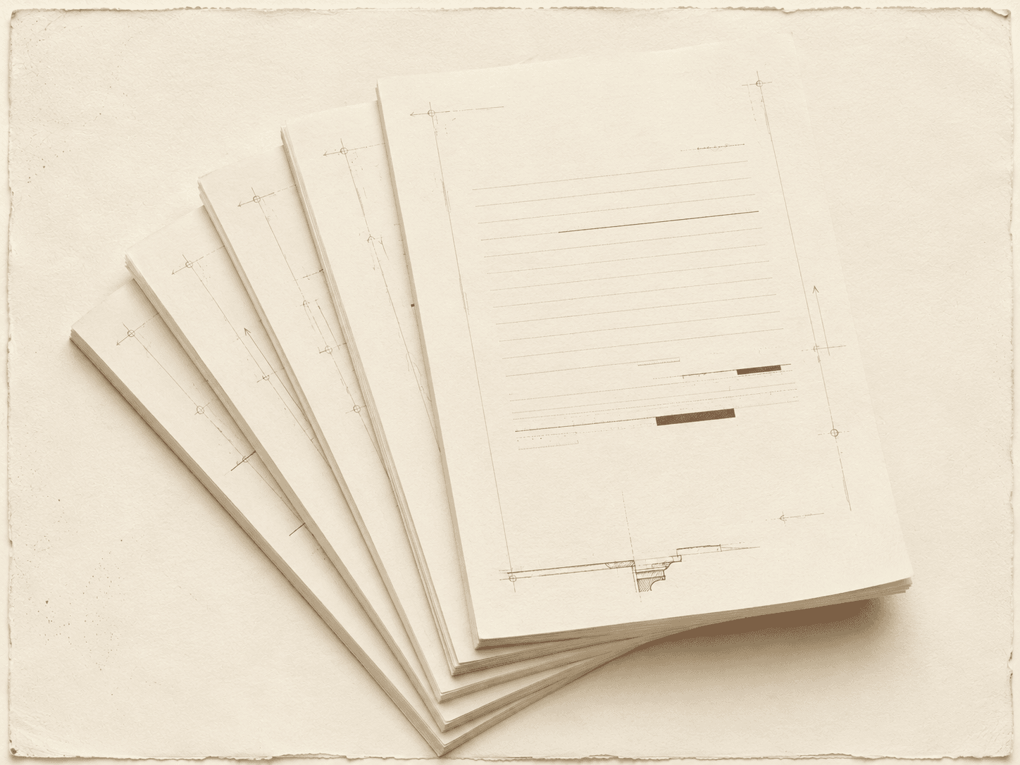 Five fanned report booklets on handmade paper, the top one annotated in oxblood and gold with two redacted lines