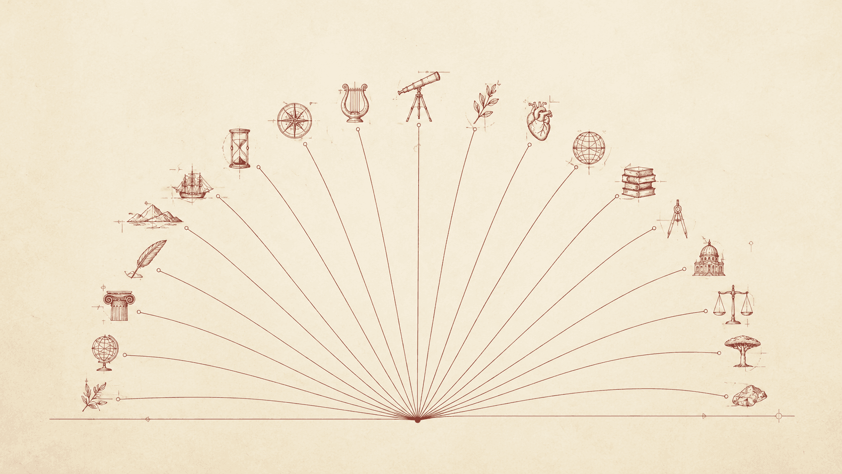 Eighteen fine lines fanning out from one point on a page, each ending in a small hand-drawn emblem